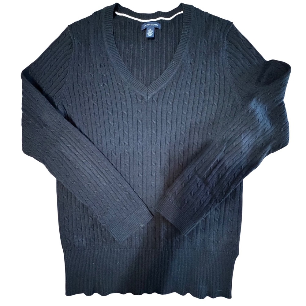 Tommy Hilfiger‎ Women's XL Black Cable Knit Sweater V-Neck Long Sleeve Preppy